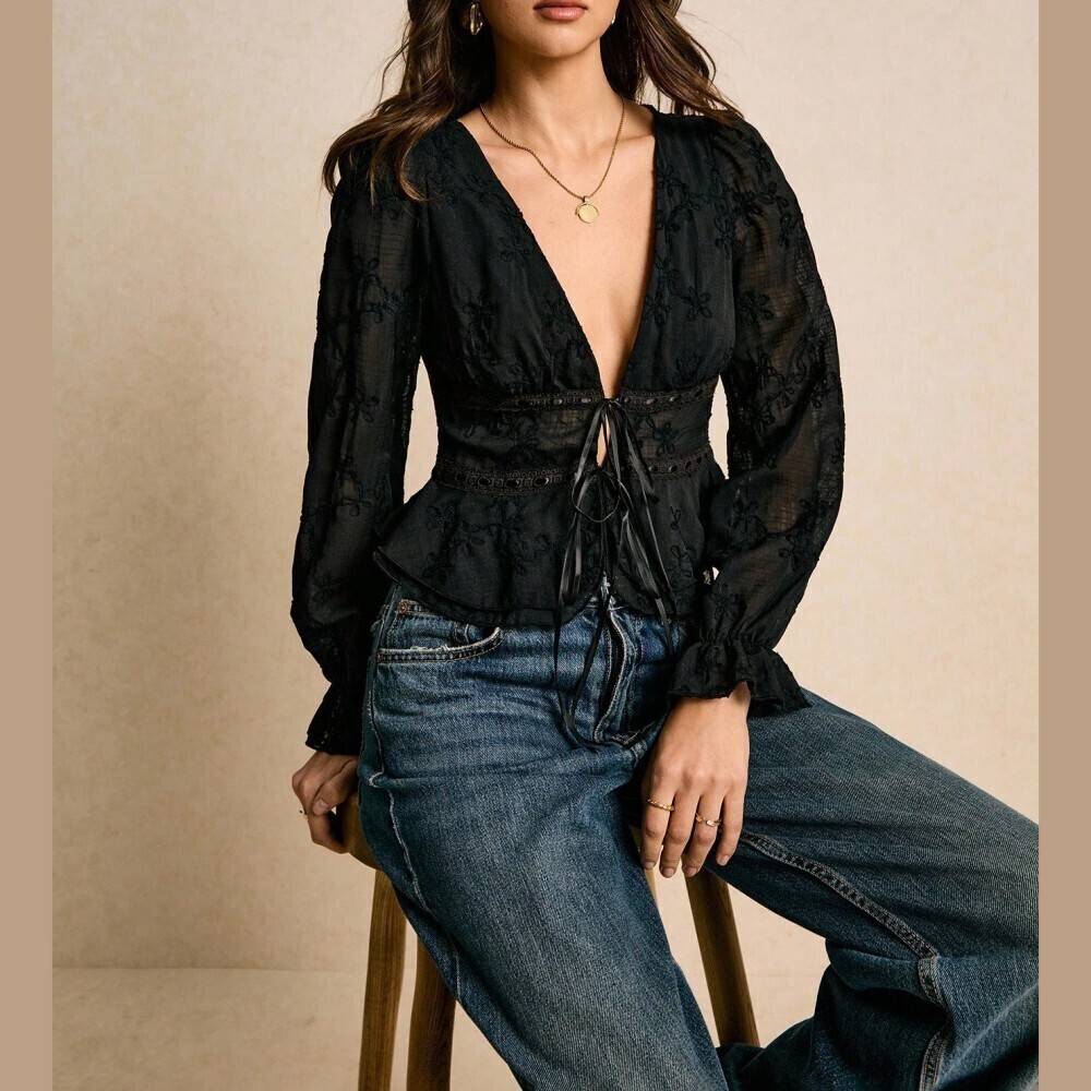Black Embroidered Semi-sheer Deep V Neck Tie Front Peplum Blouse - Picture 8 of 8